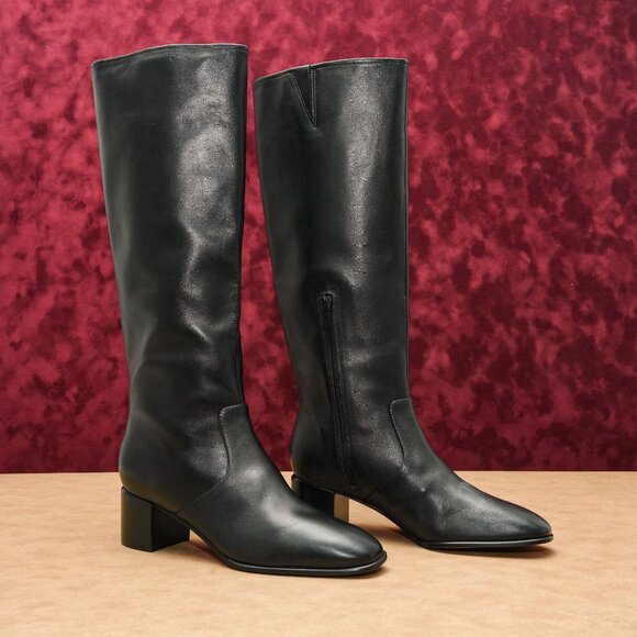 Vince Women Mag Black Leather Retro Block Heel Round Toe...